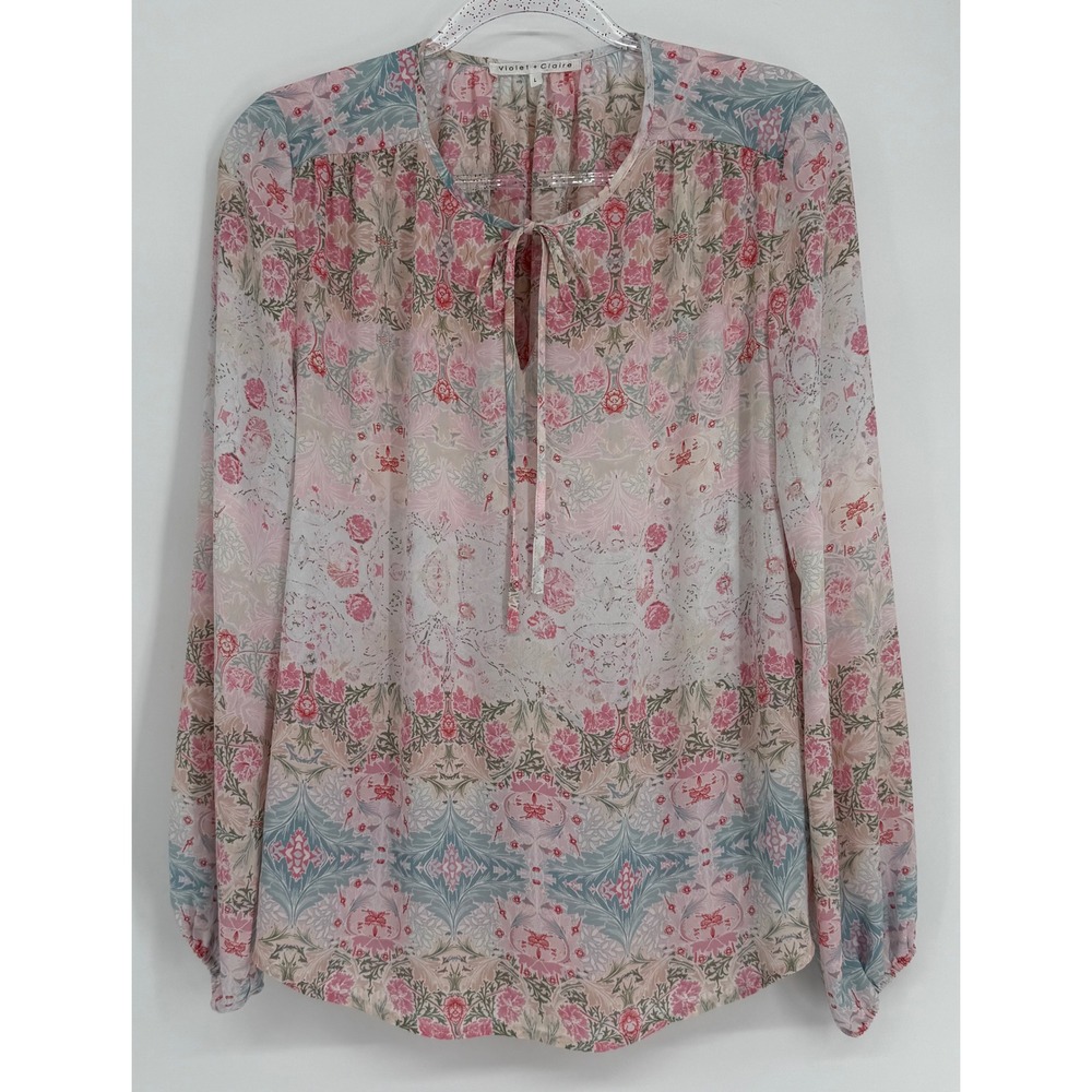 Violet + Claire Womens Floral Tie Neck Blouse Pink Blue Long Sleeve Sz L
